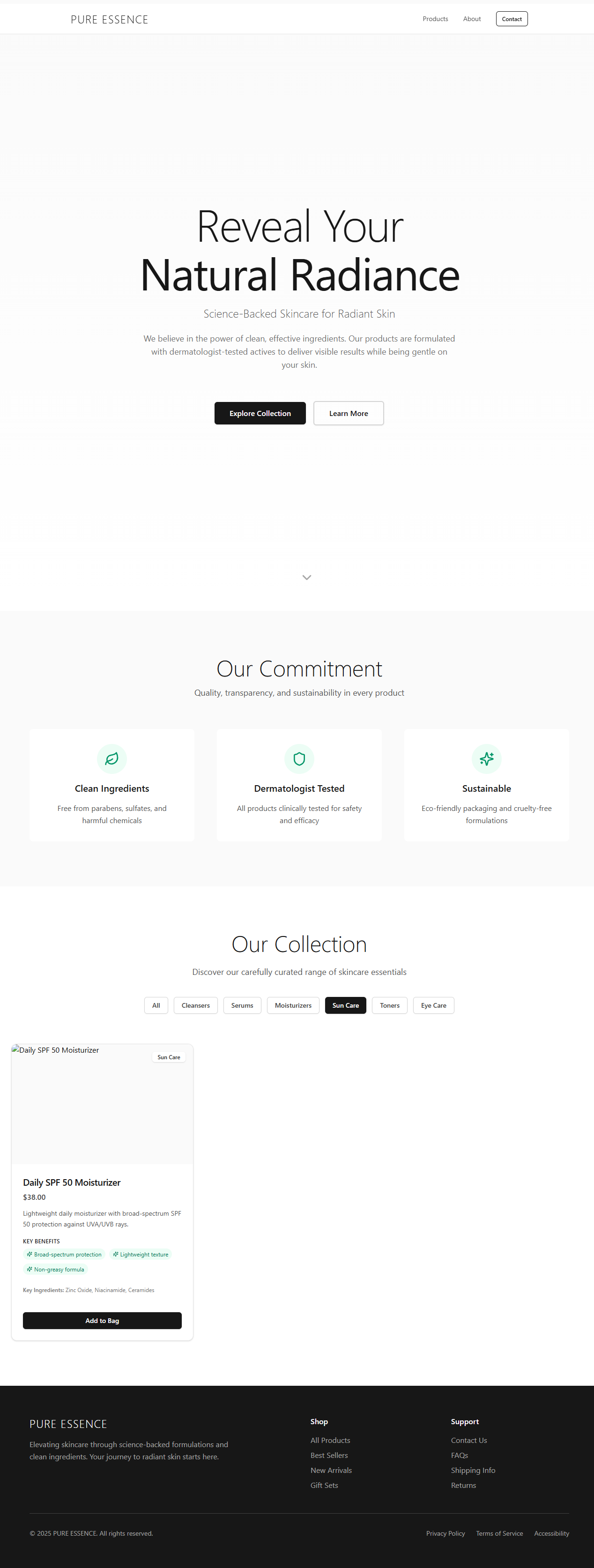 Round 1 result: a generic AI-generated skincare site, PURE ESSENCE, built from an adjective-only prompt
