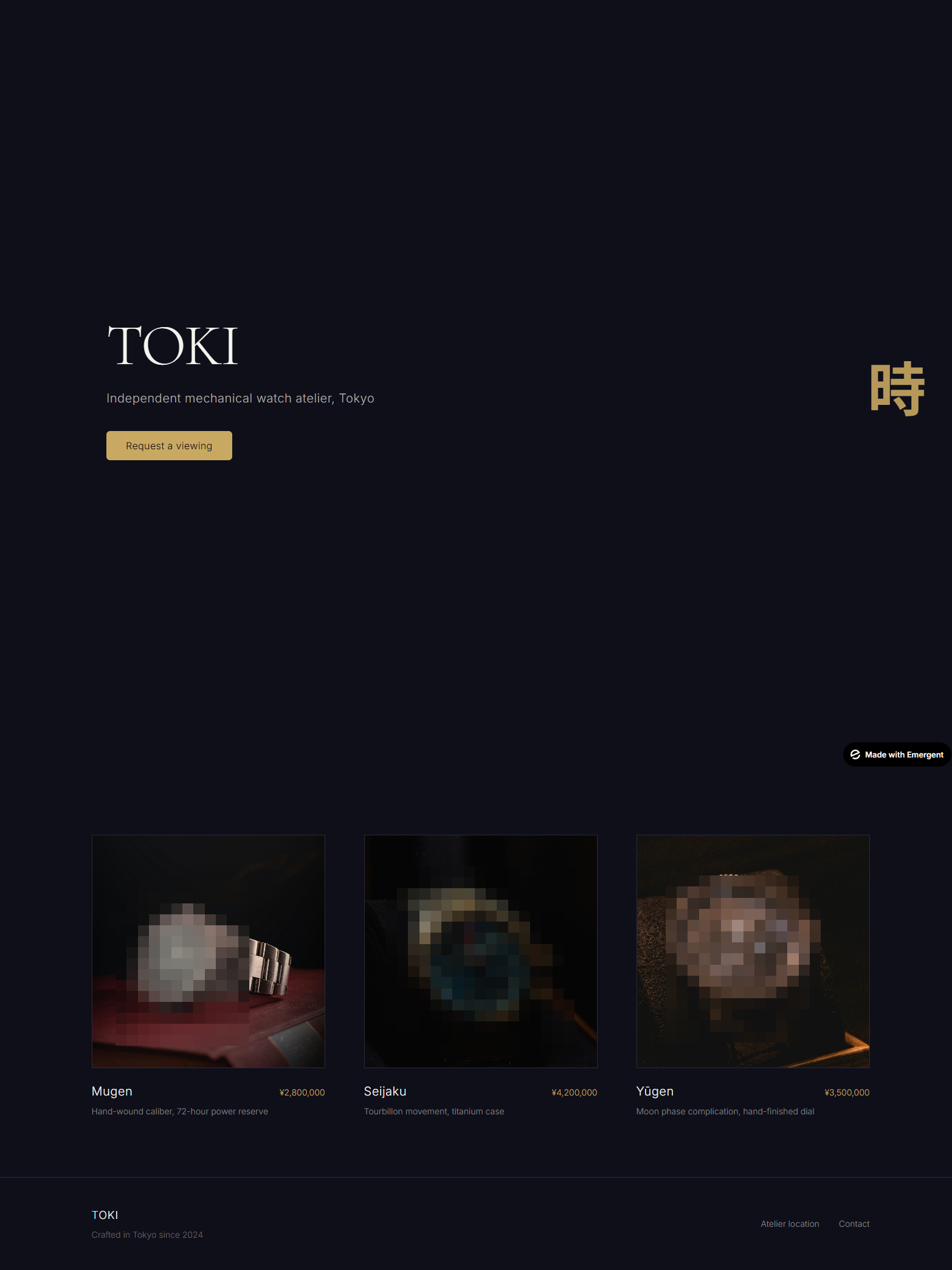 Round 3 result: the five-part prompt applied to a new brief, TOKI, produces a near-complete build with a midnight-indigo palette, gold accent, and a single gold kanji at the right edge